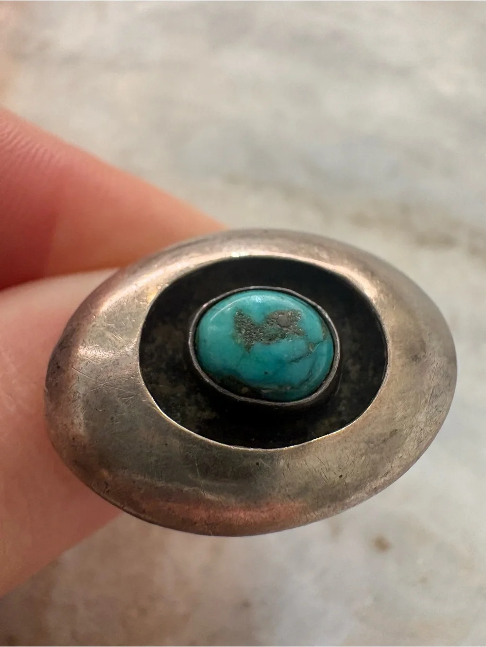 Vintage Silver Ring with Turquoise Oval Stone - Size 3.5